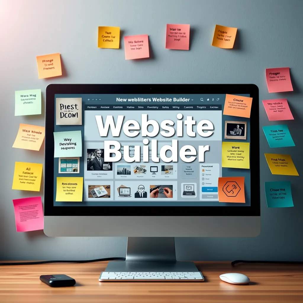 A photorealistic image of a computer screen displaying a website builder interface. The screen is surrounded by colorful sticky notes with various website elements like images, text, buttons, and icons. The image should convey a sense of creativity and customization.