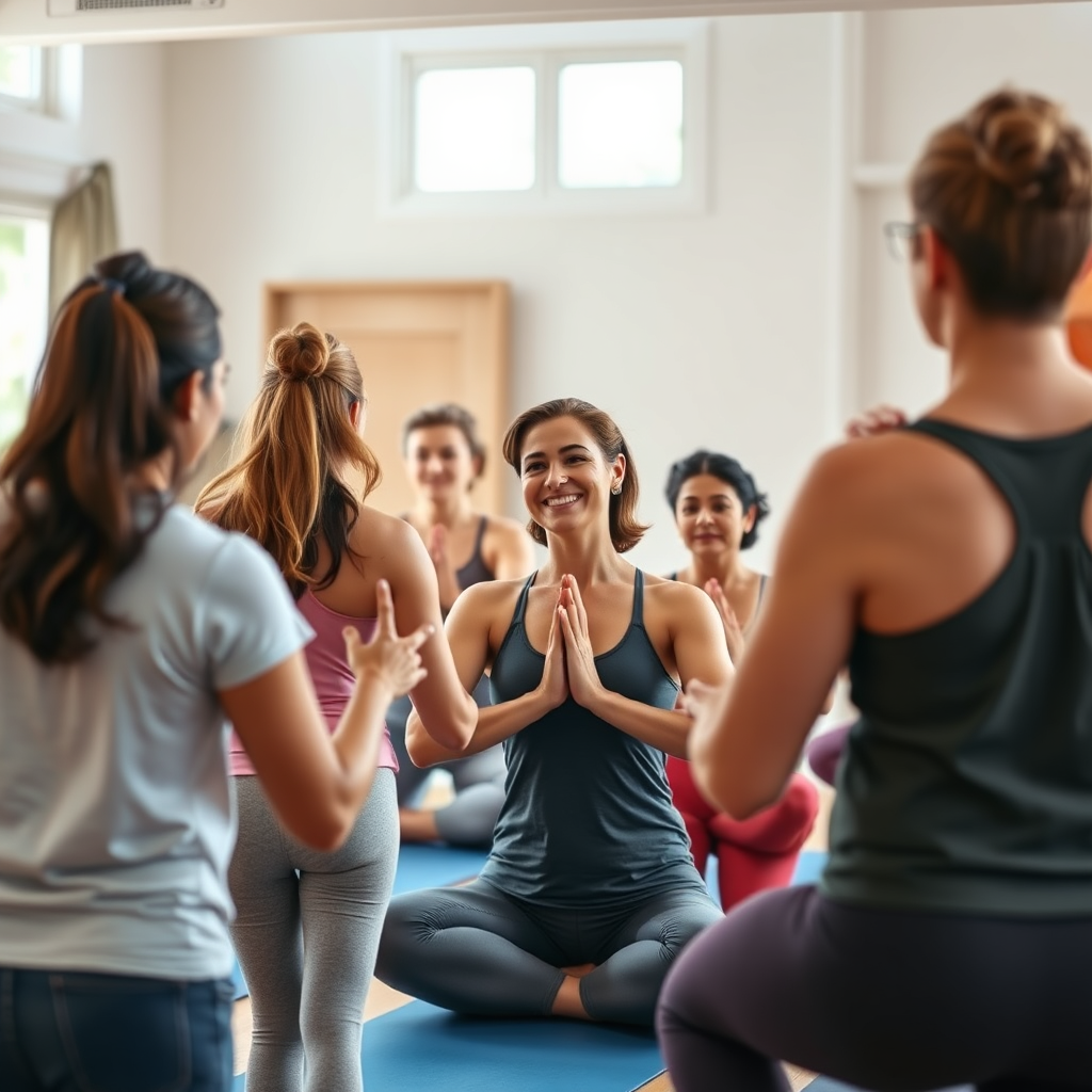 A photorealistic image of a diverse group of beginners in a yoga class, being guided by a smiling and supportive instructor. The environment is a bright and welcoming studio. The camera captures a medium shot, showcasing the group dynamic and the encouraging atmosphere. The color palette is warm and inviting.