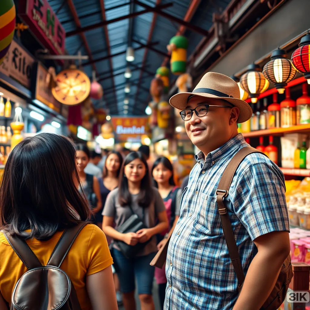 A photorealistic image of a friendly tour guide pointing out landmarks to a group of tourists in a traditional market in Bangkok. The image should capture the colorful and bustling atmosphere of the market and the value of local expertise.