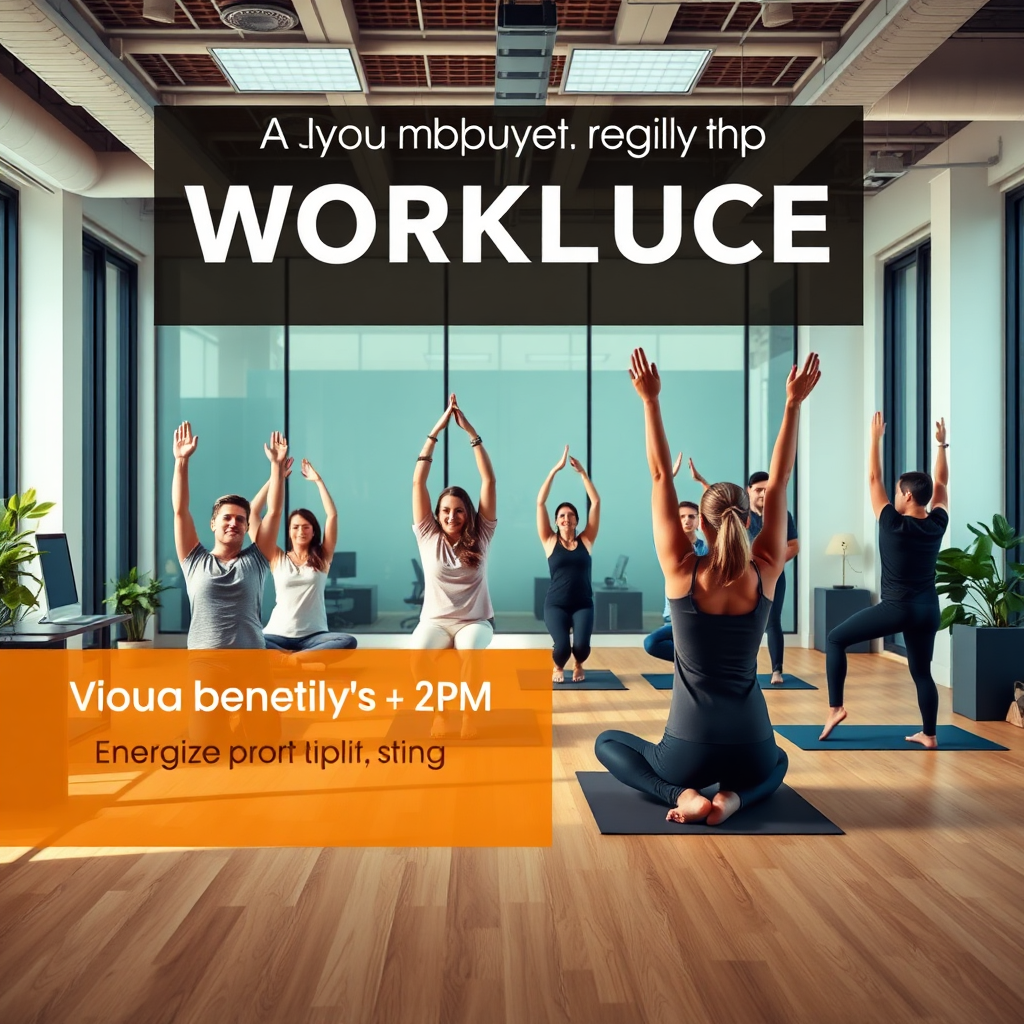 A photorealistic image of a group of employees participating in a yoga class in their office space. They are all engaged and enjoying the activity. The setting is a modern and professional office environment. The focus is on the benefits of yoga for workplace wellness. The color palette is energizing and uplifting.