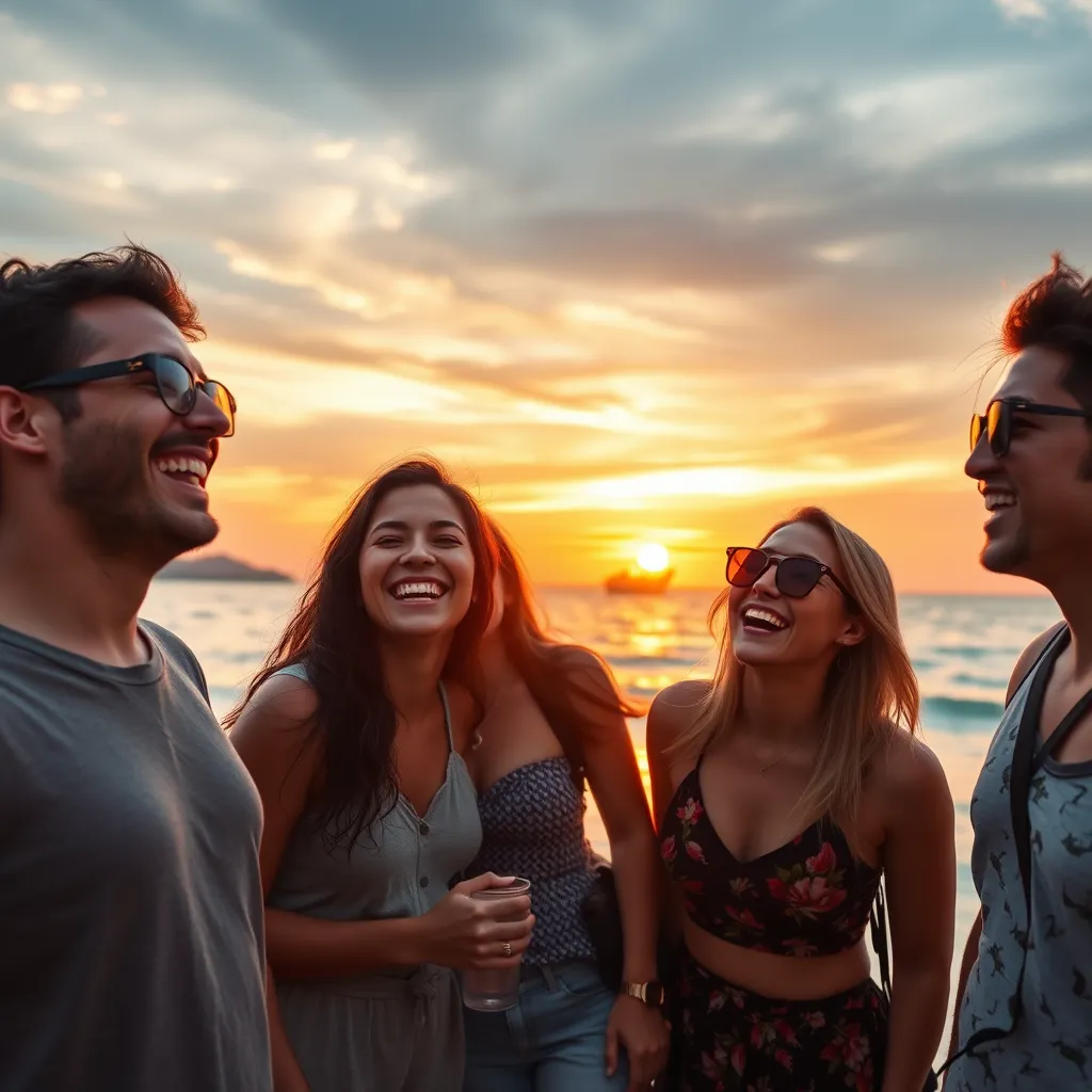 A photorealistic image of a happy group of friends laughing together on a beach in Pattaya. In the background, a beautiful sunset over the ocean.  The image should capture the joy and excitement of traveling with a travel agency.