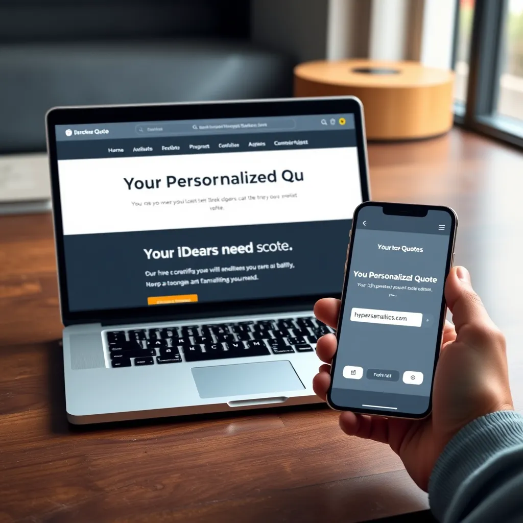 A photorealistic image of a laptop with a website quote displayed on the screen. The quote should be clean and professional, with a bold headline that says 'Your Personalized Quote'. The image should also include a person's hand holding a smartphone with their email address visible.