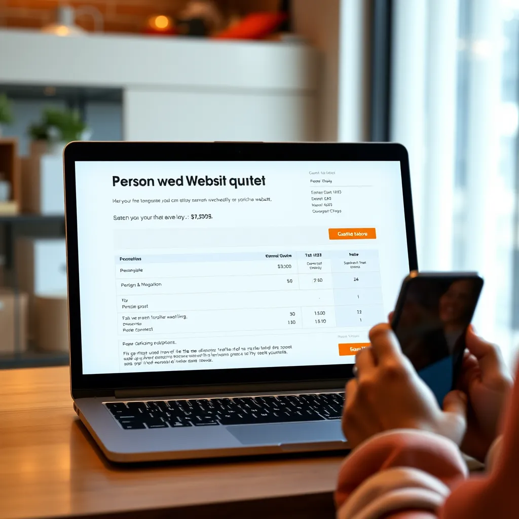 A photorealistic image of a laptop displaying a personalized website quote, featuring a clear breakdown of services and costs, with a person smiling and holding a smartphone, indicating they're excited about the quote.