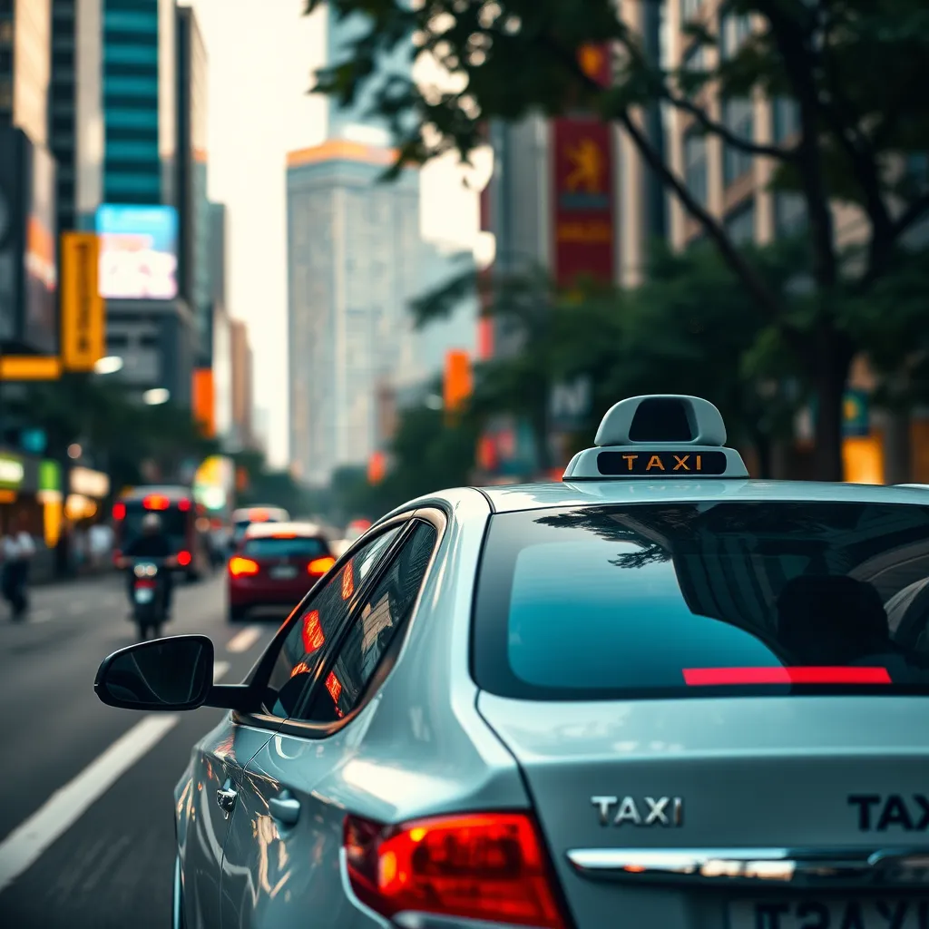 A photorealistic image of a modern taxi driving along a vibrant street in Bangkok. The image should capture the energy of the city and the convenience of using a taxi for getting around.