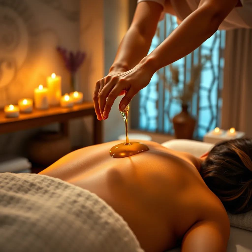 A photorealistic image of a person receiving an oil massage in a luxurious spa setting. The image should focus on the therapist's hands gently gliding over the person's body with oil, while the surrounding environment features soft lighting, candles, and calming decor.