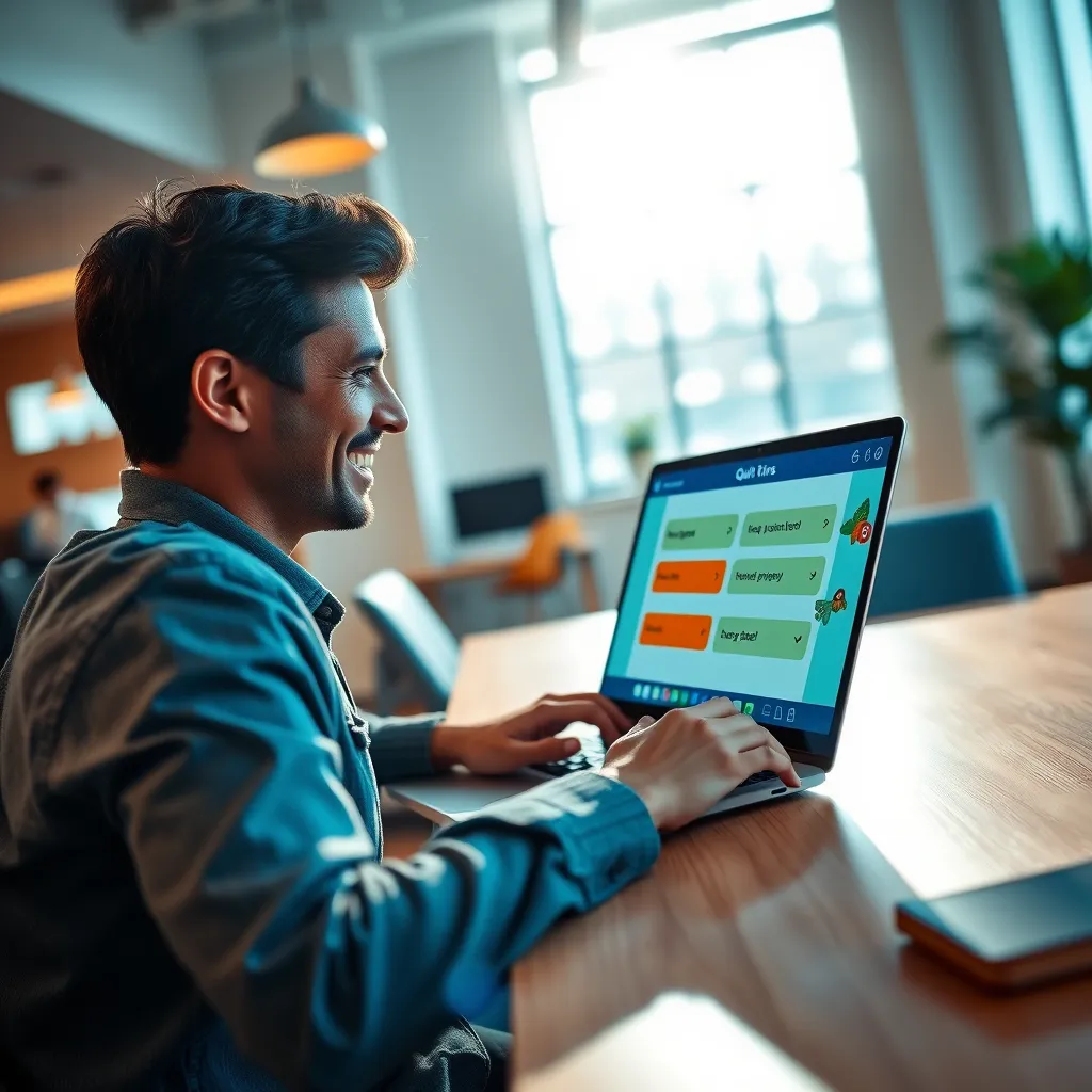 A photorealistic image of a person sitting at a desk with a laptop open, taking a quiz on a website. The laptop screen should display the quiz questions with engaging visuals. The person should be smiling and looking at the screen with a focused expression. The background should be a modern office with natural light streaming through a window, creating a warm and inviting atmosphere. The image should be captured from a low angle perspective, emphasizing the person's interaction with the quiz. The color palette should be vibrant and professional, featuring cool blues, greens, and oranges. The image should have a resolution of 8K and be rendered in ultra-detailed style, capturing the fine details of the laptop, the person's clothing, and the office environment.  The image should exude a sense of positivity, confidence, and ease, reflecting the user-friendly nature of the quiz.