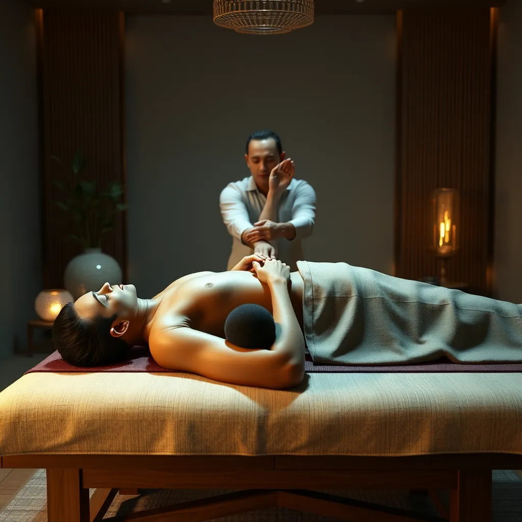 A photorealistic image of a person receiving a Thai massage, lying face down on a massage table with a therapist using their hands and feet to stretch and press different points on their body. The room should be serene and calming, with dim lighting, soft music, and natural elements like wood and bamboo.