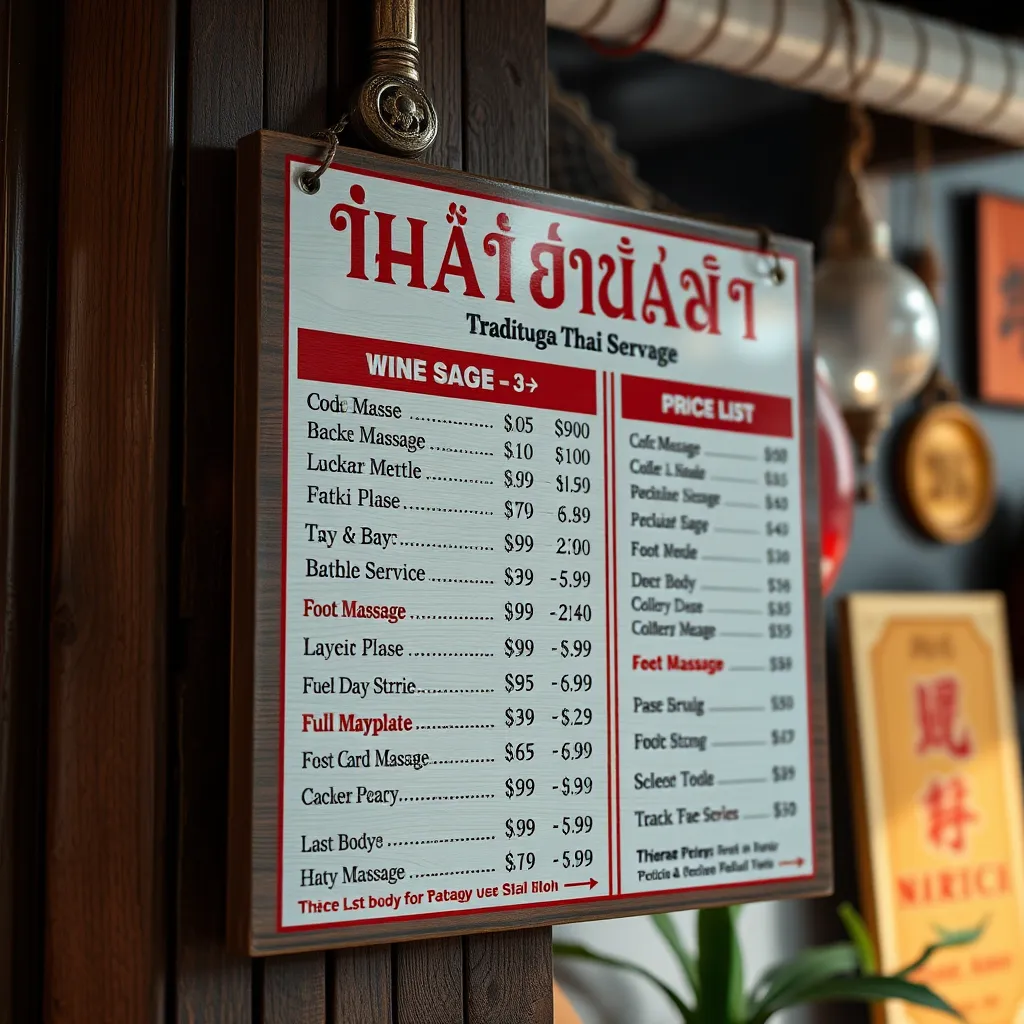 A photorealistic image of a price list for traditional Thai massage services at a popular massage parlor in Pattaya. The price list should be displayed on a wooden sign or a decorative board. The image should include a variety of massage services, such as foot massage, back massage, and full body massage. The prices should be clearly visible and easy to read.