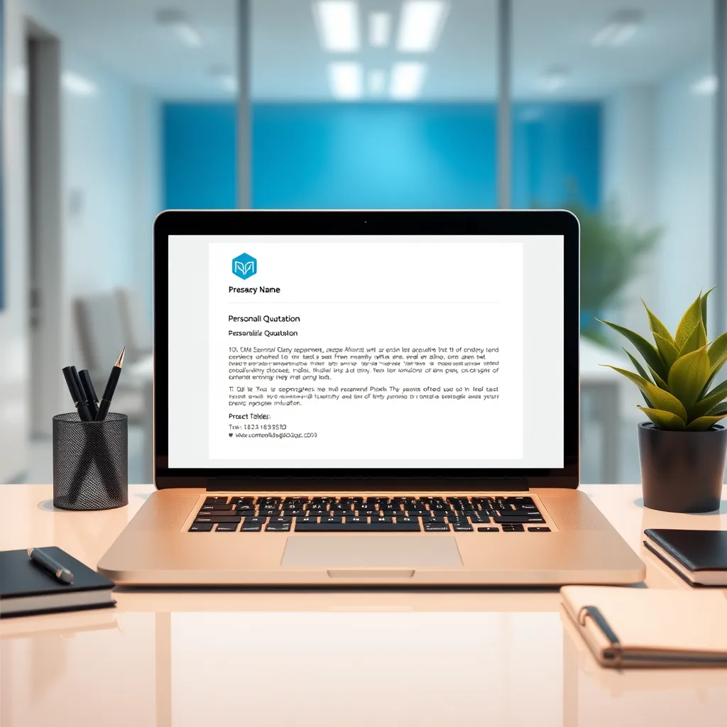 A photorealistic image of a professional email with a personalized quotation displayed on a laptop screen. The laptop should be placed on a clean, modern desk in a well-lit office space. The email should be elegantly designed, featuring a professional logo, company name, and contact information. The quotation details should be clear and concise, showcasing the specific services offered, pricing structure, and project timeline. The image should capture a sense of professionalism, transparency, and efficiency, reflecting the high-quality service provided. The background should be a subtle gradient of blue and white, evoking a sense of trust and reliability. The laptop should be surrounded by office accessories, such as a stylish pen holder, a sleek notebook, and a potted plant, adding a touch of personality and professionalism to the scene. The image should be rendered in 8K resolution with ultra-realistic detail, capturing the texture of the laptop, the clarity of the email text, and the subtle reflections on the surrounding surfaces.
