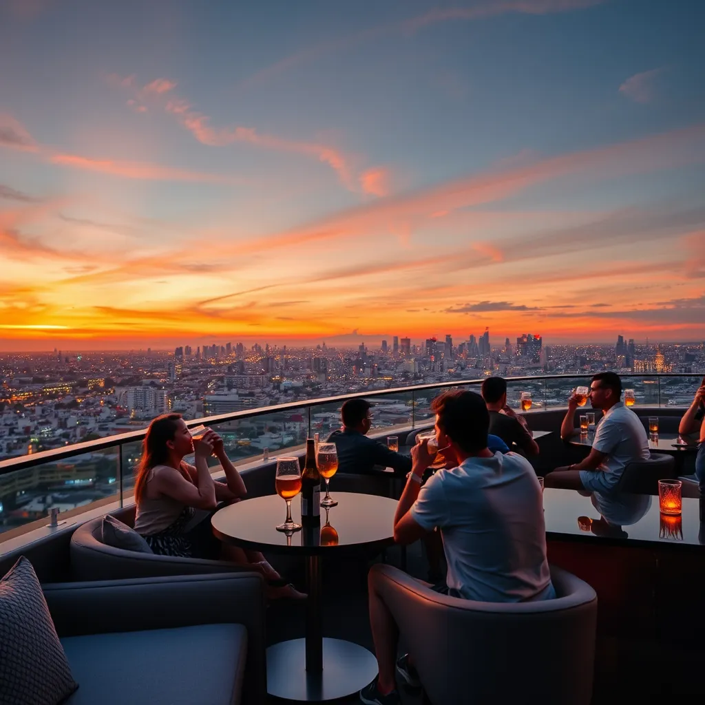 A photorealistic image of a rooftop bar in Pattaya with a panoramic city view, showcasing a group of friends enjoying craft beers and the sunset. The bar has a modern and stylish design with comfortable seating and tables. There are lights twinkling in the city below, creating a beautiful ambiance.