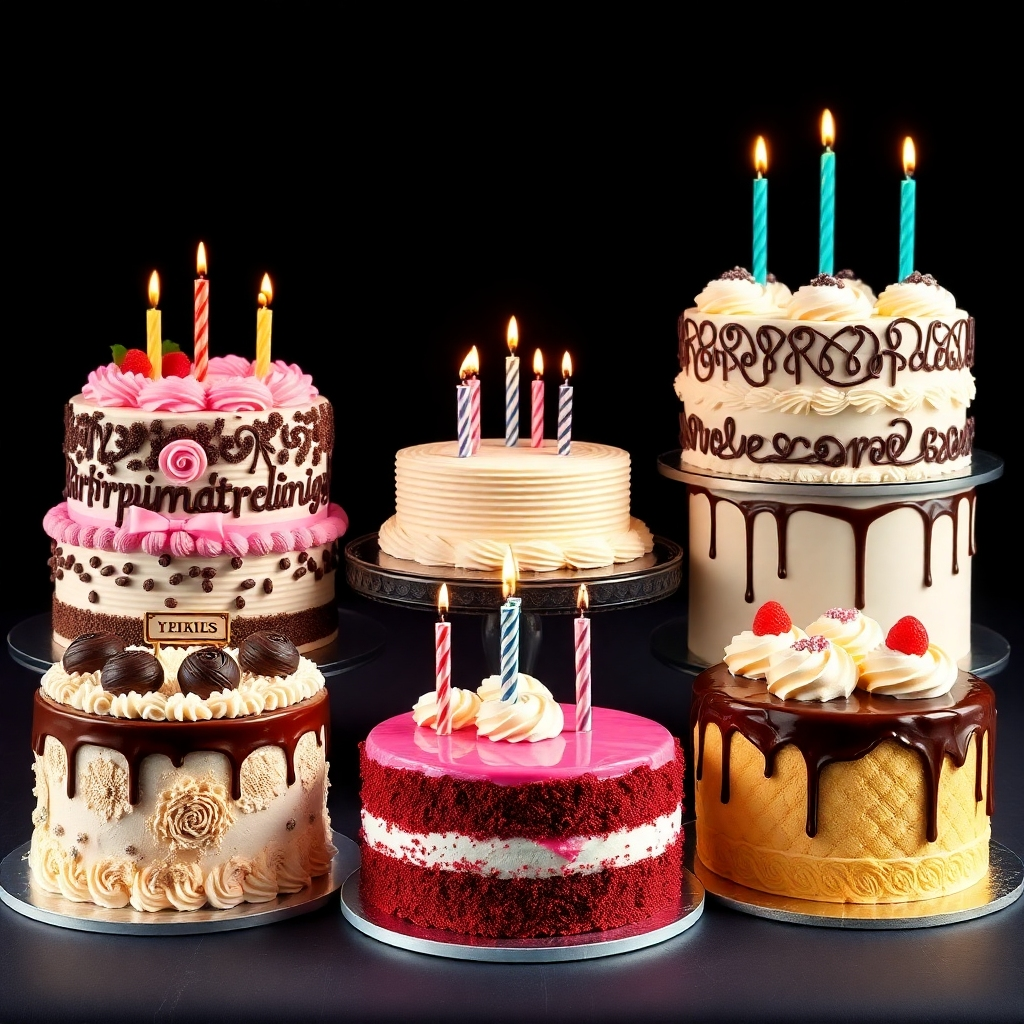 A photorealistic image of a selection of birthday cakes, each with unique designs and flavors. The image should have bright lighting, showing off the details of each cake's frosting and decorations.  The background should be a simple, elegant setting that complements the cakes without being distracting. The focus should be on the variety and beauty of the cakes. The overall style should be upscale and celebratory.