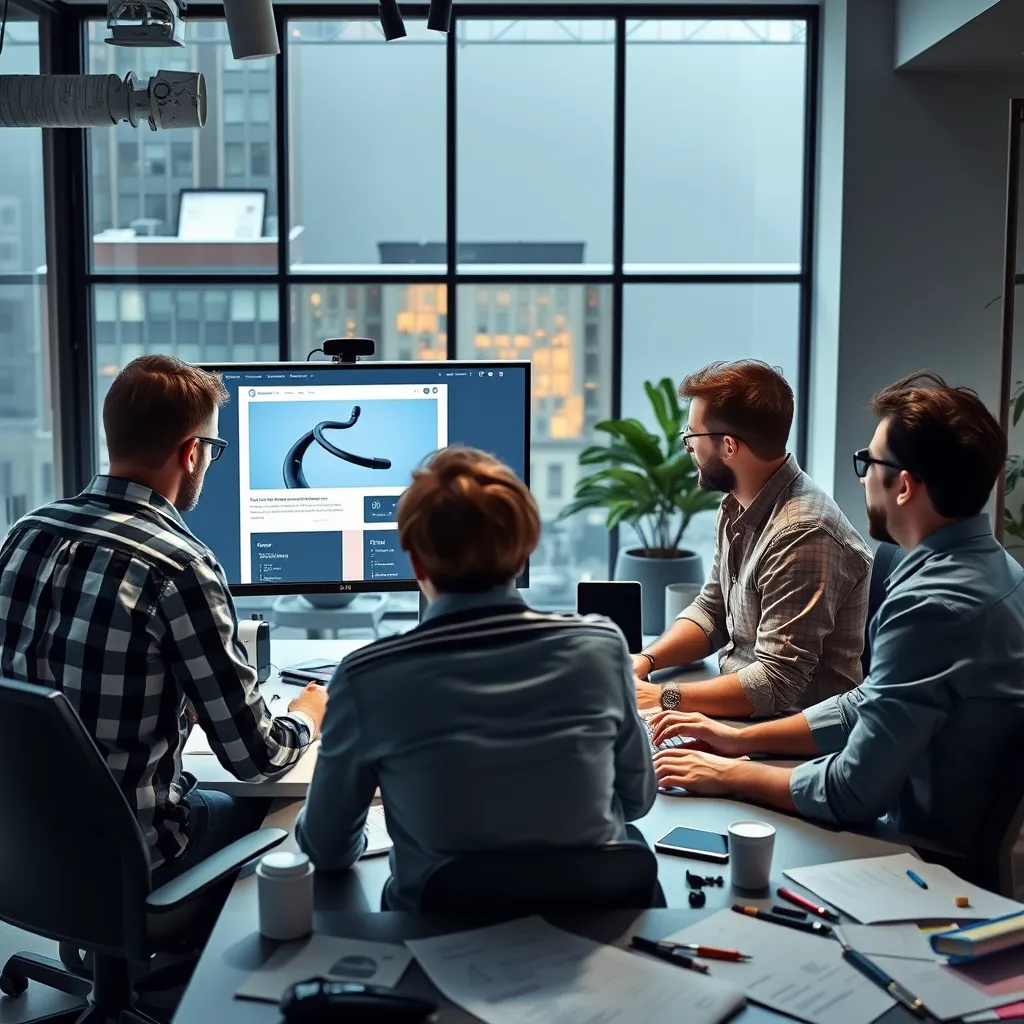 A photorealistic image of a team of designers and developers working together collaboratively in a modern office space. They are looking at a large monitor displaying a website mockup. The atmosphere is creative and focused, with design sketches, code, and tools scattered around. The image should convey a sense of teamwork and innovation.