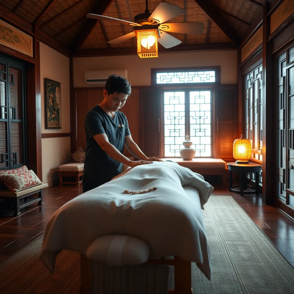 A photorealistic image of a Thai massage therapist in a traditional Thai massage studio in Pattaya, Thailand. The therapist is gently pressing on the shoulders and back of a client lying face down on a massage table. The studio is decorated with traditional Thai motifs, including a wooden floor, silk cushions, and a low-hanging ceiling fan. The lighting is warm and inviting, with a soft glow coming from a nearby window. The image should have a calm and peaceful mood, and capture the essence of traditional Thai massage. The image should be 8K resolution, ultra-detailed, and have a hyperrealistic style.