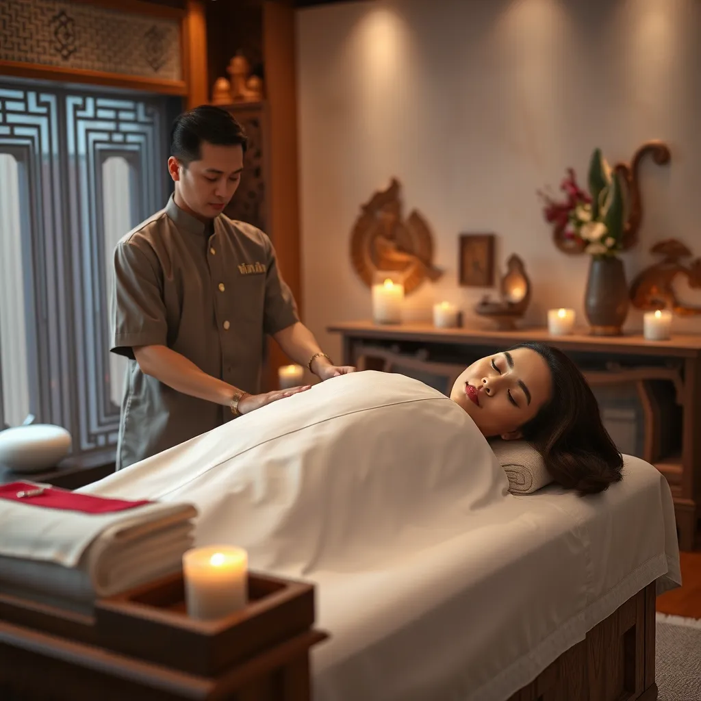 A photorealistic image of a Thai massage therapist performing a traditional Thai massage on a client in a luxurious spa setting in Pattaya. The therapist should be wearing a traditional Thai massage uniform, and the client should be lying on a massage table with their eyes closed. The spa should be decorated with traditional Thai elements, such as wood carvings, silk fabrics, and candles.