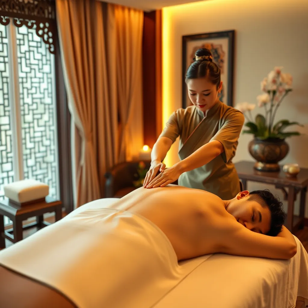 A photorealistic image of a Thai massage being performed in a luxurious spa setting in Pattaya City. The room should be decorated with traditional Thai elements, such as ornate wooden furniture and silk fabrics. The massage therapist should be wearing a traditional Thai outfit and be gently stretching the client's body.  The lighting should be soft and warm, creating a serene atmosphere. The image should capture the feeling of relaxation and rejuvenation.  The client should be positioned comfortably on a massage table with a white linen sheet,  and the therapist should be using gentle, flowing movements.  The image should be in a 4:3 aspect ratio, and the focus should be on the hands of the therapist and the client's body.  The image should be rendered in ultra-high resolution with realistic textures, including the skin of the client and the therapist, the wood of the table, and the silk of the fabrics.  Focus on the details of the massage, showing the therapist's hands working on the client's muscles, and the client's facial expression should convey a sense of peace and relaxation.  The image should be styled in a contemporary manner, with a focus on natural light and soft shadows.  The overall mood should be calming and tranquil.