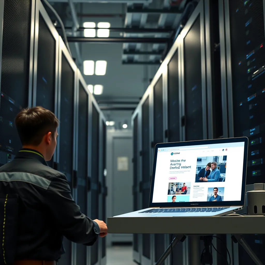 A photorealistic image of a website being launched on a server rack in a modern data center. The image should convey a sense of security, reliability, and speed. In the foreground, a technician is monitoring the deployment process on a laptop, while a projector displays a live website preview. The overall atmosphere should be calm and confident, reflecting our commitment to seamless deployment and ongoing support.