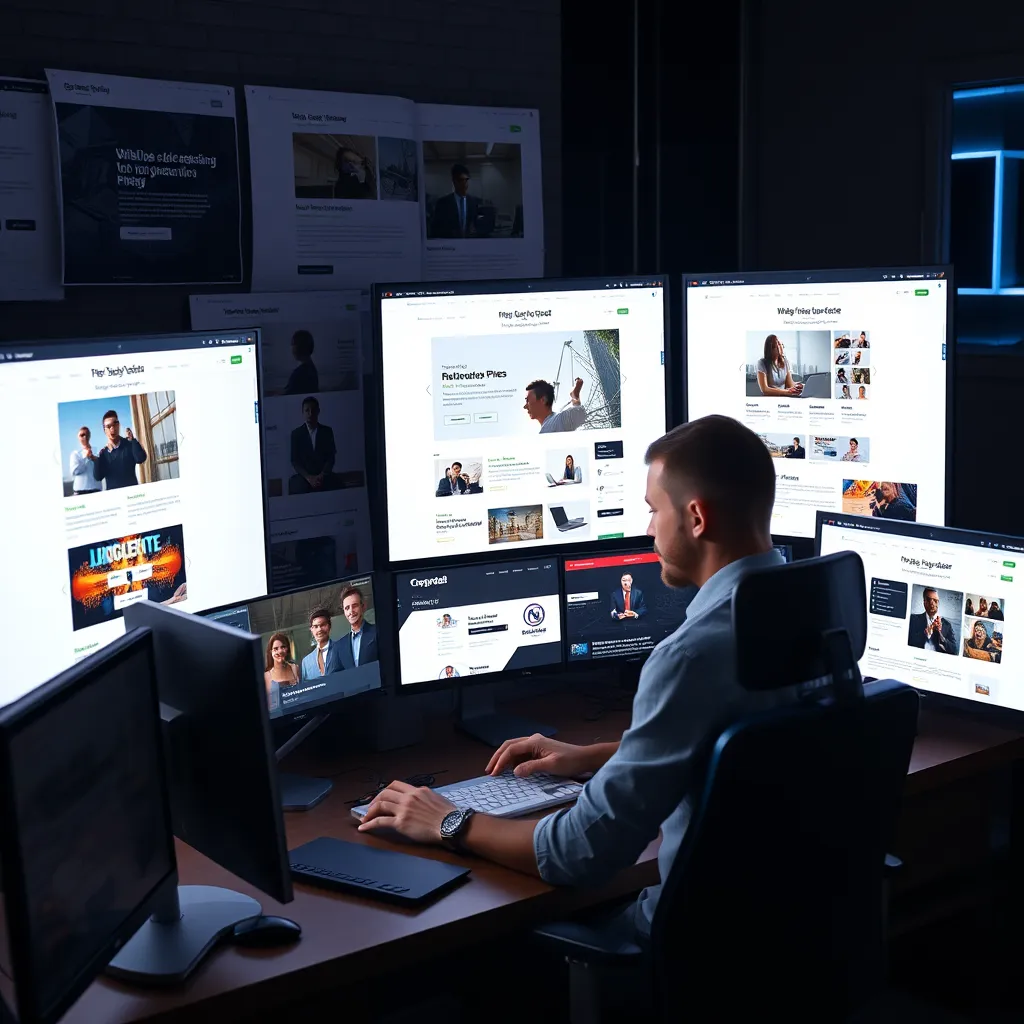 A photorealistic image of a website developer working on a computer, surrounded by different website designs and mockups, with a focus on personalization and customization.
