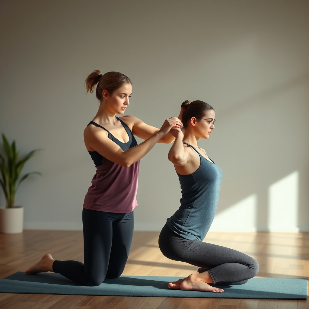 A photorealistic image of a yoga instructor working individually with a student, adjusting their posture. The setting is a calm and peaceful space. The lighting is soft and natural. The focus is on the individualized attention and personalized guidance. The color palette is calming and supportive.