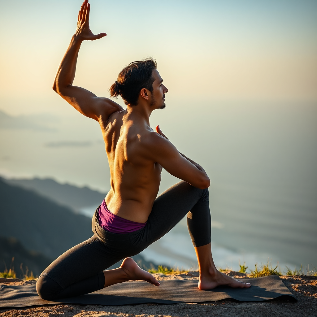 A photorealistic image of an experienced yogi demonstrating an advanced asana with perfect form and alignment. Focus on the precision and control of the pose. The background is a tranquil natural setting, such as a mountain top or a peaceful beach. The lighting is soft and natural, creating a sense of serenity and mastery.