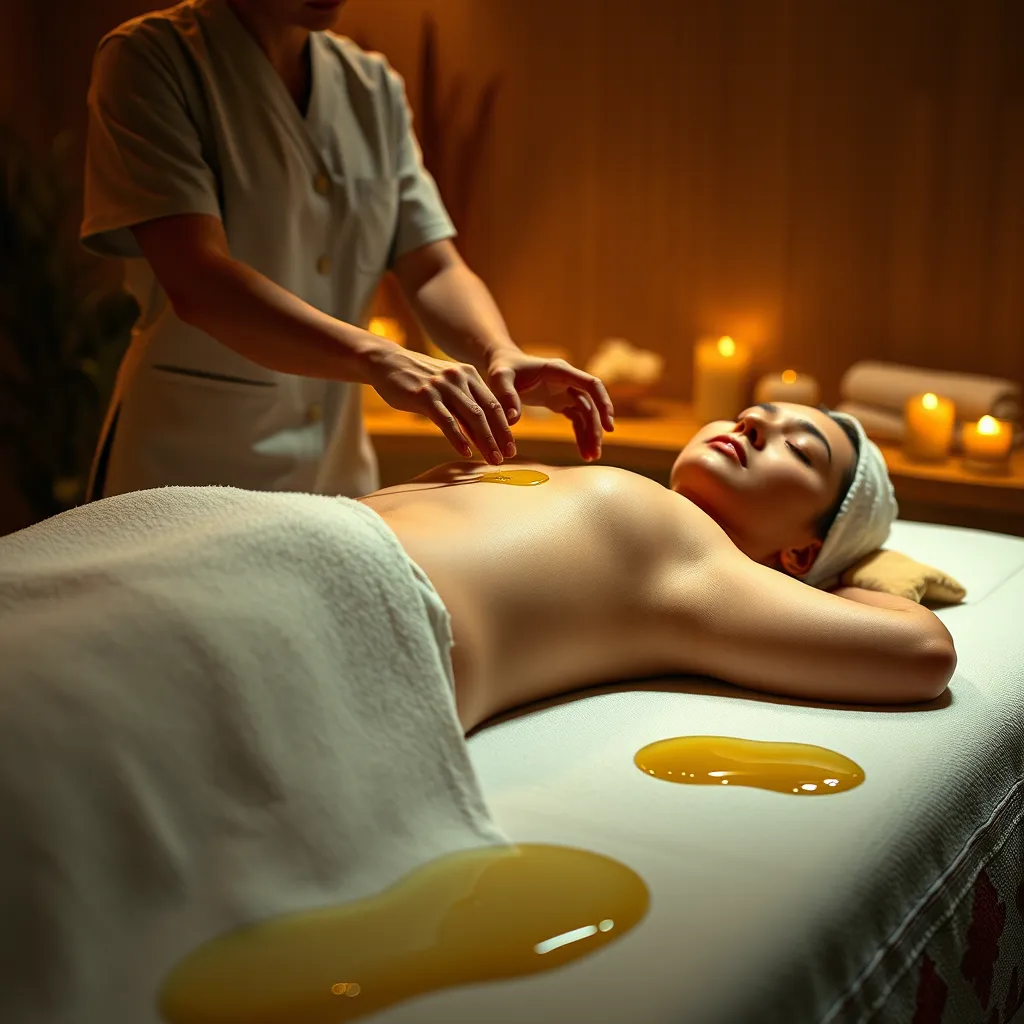 A photorealistic image of an oil massage being performed in a dimly lit spa room. The room should be decorated with candles and soft lighting, creating a warm and inviting atmosphere.  The massage therapist should be wearing a professional uniform and using smooth, flowing strokes to apply oil to the client's body.  The client should be lying comfortably on a massage table, with their eyes closed and their body relaxed.  The image should capture the therapist's hands gently gliding over the client's skin, and the client's facial expression should convey a sense of tranquility. The image should be in a wide-angle perspective, showing the entire massage table and the client's body, with a focus on the therapist's hands and the flow of the oil.  The image should be rendered in ultra-high resolution with realistic textures, including the client's skin, the therapist's hands, and the oil droplets glistening on the skin.  The lighting should be warm and inviting, with soft shadows and highlights creating a sense of depth and dimension.  The overall mood should be sensual and relaxing.
