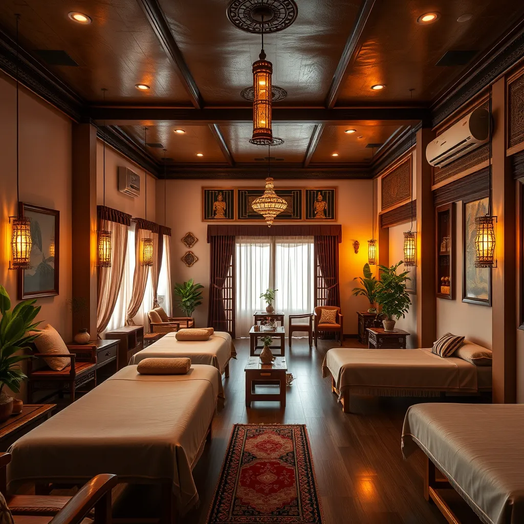 A photorealistic image of the interior of a traditional Thai massage parlor in Pattaya. The parlor should be decorated with warm lighting, soft colors, and traditional Thai decor. There should be massage tables, chairs, and other furniture arranged in a relaxing and inviting manner. The image should convey a sense of tranquility and serenity.