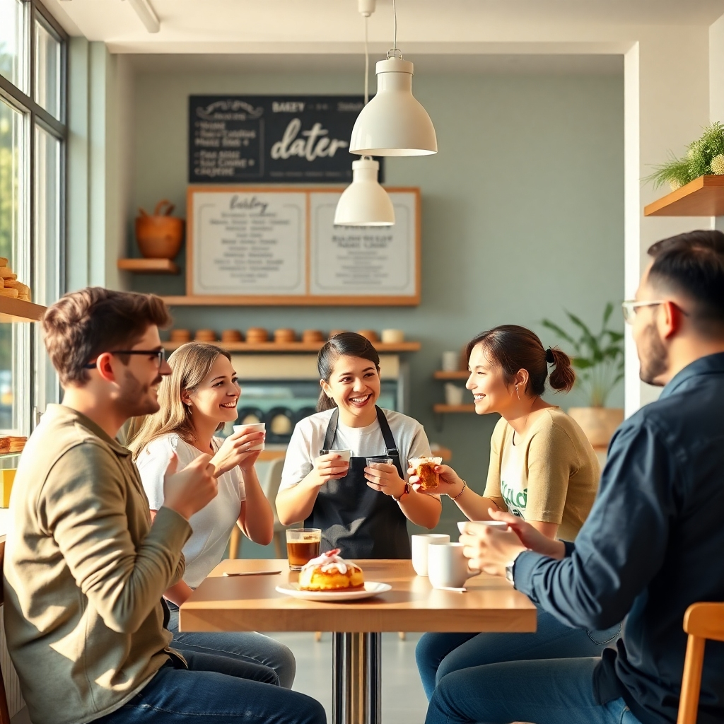 A photorealistic image of the bakery interior, showing customers enjoying their pastries and coffee in a relaxed atmosphere. The scene should be bright and inviting, with soft lighting and natural elements incorporated. A casual, friendly vibe is needed. The overall image should evoke a sense of comfort and relaxation.  Focus on the friendly interactions between the staff and customers.