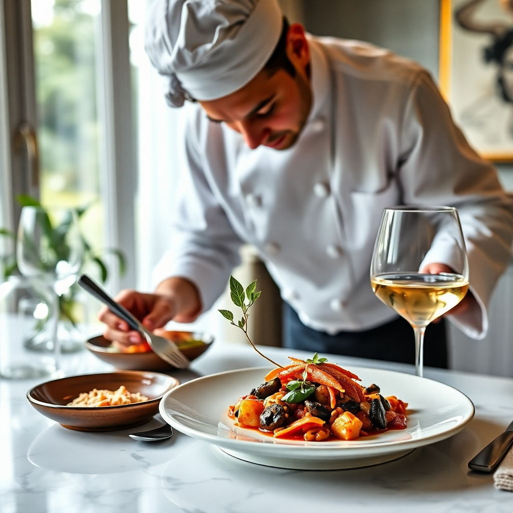A photorealistic image portraying a chef elegantly plating a delicious-looking Thai dish, in a beautifully designed home dining setting. The emphasis should be on the fine dining experience and the meticulous preparation of the food.