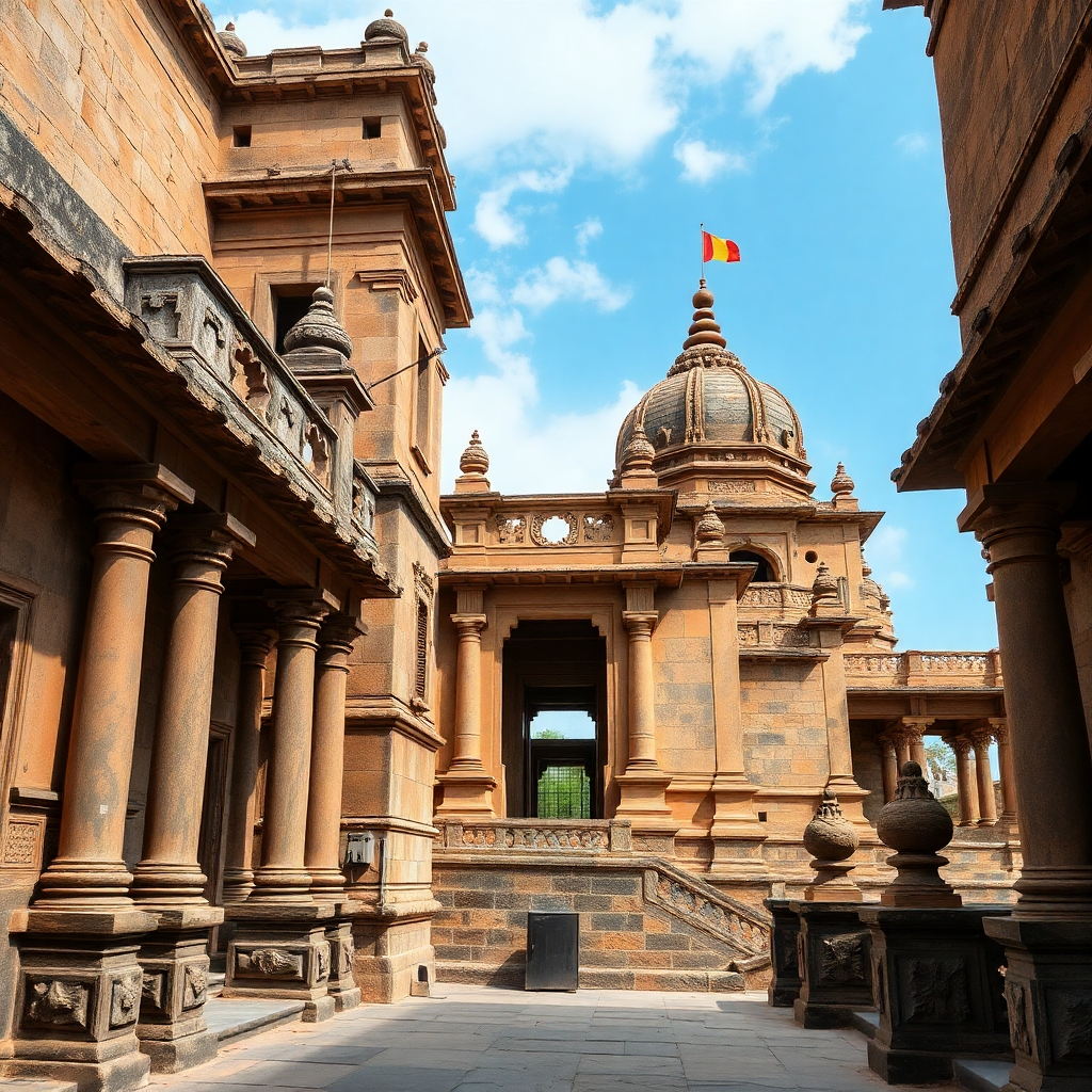 A photorealistic image showcasing the beauty and heritage of a key landmark within the Cholas region. Capture the rich textures of historical buildings and monuments. The lighting should be natural and highlight the architectural details. The camera angle should be carefully chosen to emphasize scale and perspective. The image should be rich in detail, with high-resolution and sharpness. The overall style should evoke a sense of historical significance and cultural preservation.