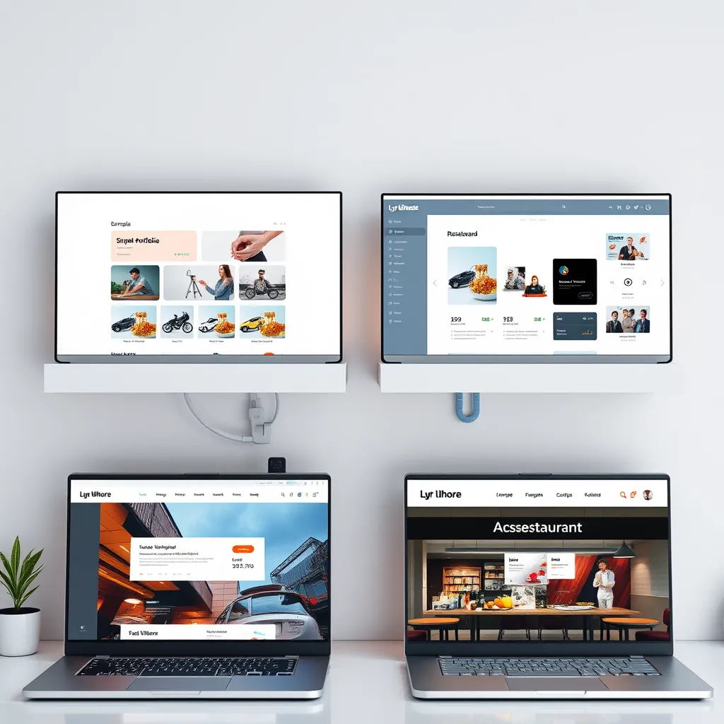 A photorealistic image showcasing a diverse range of website examples: a simple portfolio site, a dynamic e-commerce store with product displays, a sleek SaaS dashboard with data visualization, and a modern restaurant website with online ordering. Each example should be visually appealing and functional, representing the versatility of our development services.