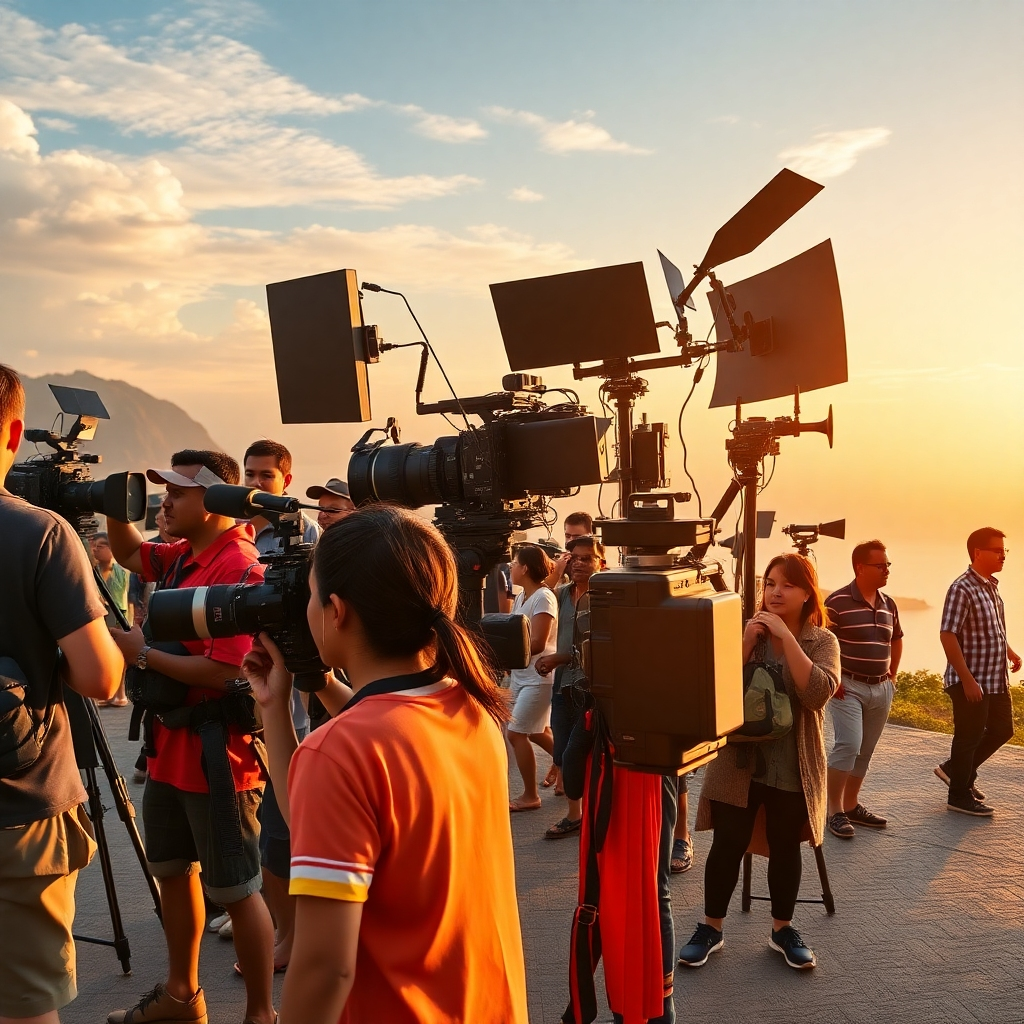 A photorealistic image showcasing a dynamic film production scene in Thailand. The image should feature diverse crew members, state-of-the-art equipment, and perhaps a stunning natural backdrop. Use a color palette that highlights the vibrancy of Thai culture, with warm sunlight and rich, saturated colors. The lighting should be natural and dynamic. The camera angle should be from a slightly elevated position to capture the activity and scale of the production.