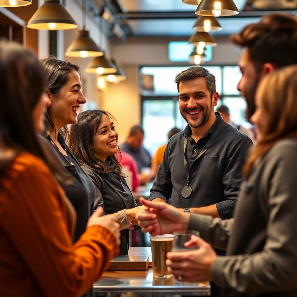 A photorealistic image showcasing the friendly interactions between staff and customers. The image should be well-lit, with a warm and welcoming atmosphere.  The staff should be smiling and engaging with customers, creating a friendly, approachable atmosphere.  The overall mood should feel welcoming and approachable.