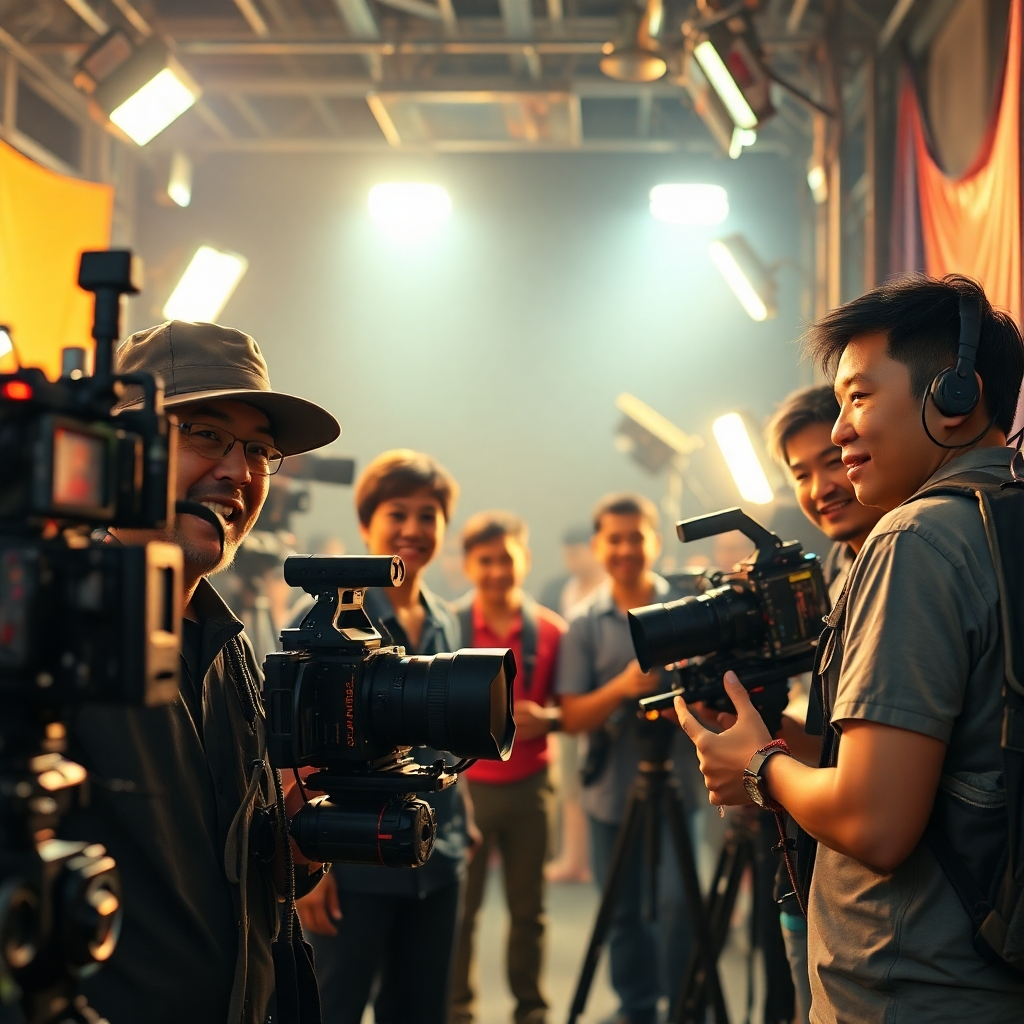 A photorealistic image showcasing a vibrant film set in Thailand with diverse crew members and state-of-the-art equipment, capturing the energy and professionalism of a film production in progress. The lighting should be bright and dynamic, enhancing the overall atmosphere of creativity and collaboration. The camera angle should be strategically chosen to capture the action and scale of the production. The image should have high resolution and exceptional clarity, showcasing the fine details of the equipment and the expressions on the faces of the crew members.