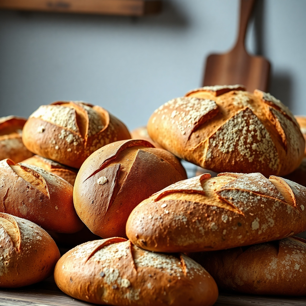 A photorealistic image showcasing a variety of freshly baked bread.  The image should emphasize the texture of the bread crusts and the warmth of the bread. The background could be a rustic kitchen setting, or a simple, neutral background to let the bread be the focus.  The overall mood should feel comforting and homey.