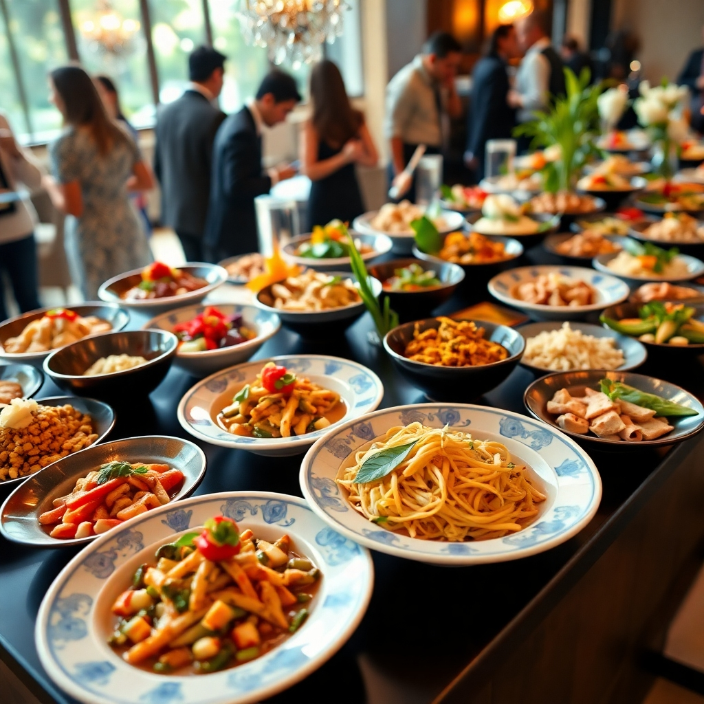 A photorealistic image showcasing a beautifully arranged spread of various Thai dishes at an event, ideally with some guests subtly included in the background. The emphasis should be on the elegance, presentation, and abundance of the food.