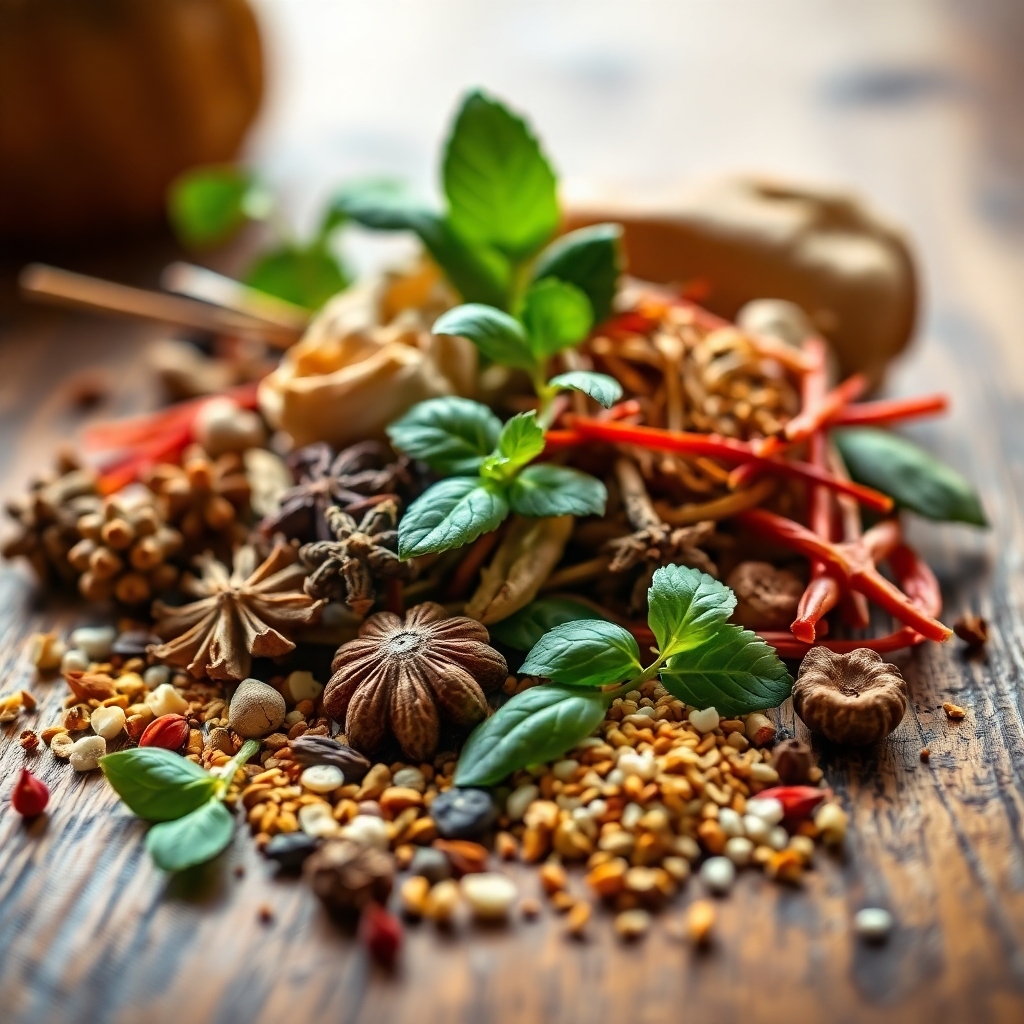 A photorealistic image showing a close-up of various Thai herbs and spices arranged artfully on a wooden surface. The lighting should be warm and inviting, highlighting the vibrant colors and textures of each ingredient. The composition should be balanced and aesthetically pleasing, with a focus on the details and textures of the herbs and spices. The background should be slightly blurred, drawing attention to the main subjects. The image should have a high level of detail, showcasing the unique textures and patterns of the herbs and spices.