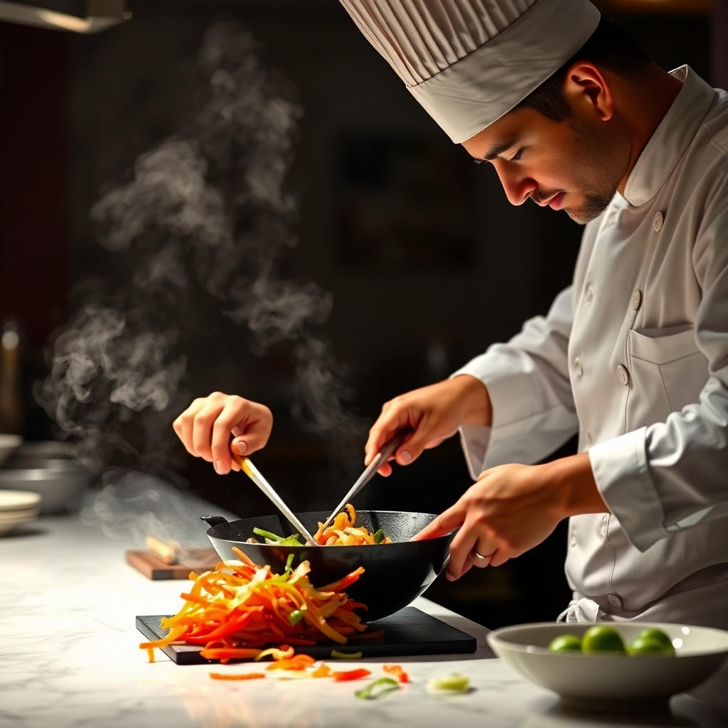 A photorealistic image showing a chef expertly demonstrating a Thai cooking technique, such as stir-frying in a wok or skillfully carving vegetables.  The scene should be bright, well-lit, and showcase the chef's expertise. The lighting should enhance the movement and action involved in the cooking process. The composition should be dynamic and visually engaging, emphasizing the precision and skill required for Thai cooking.