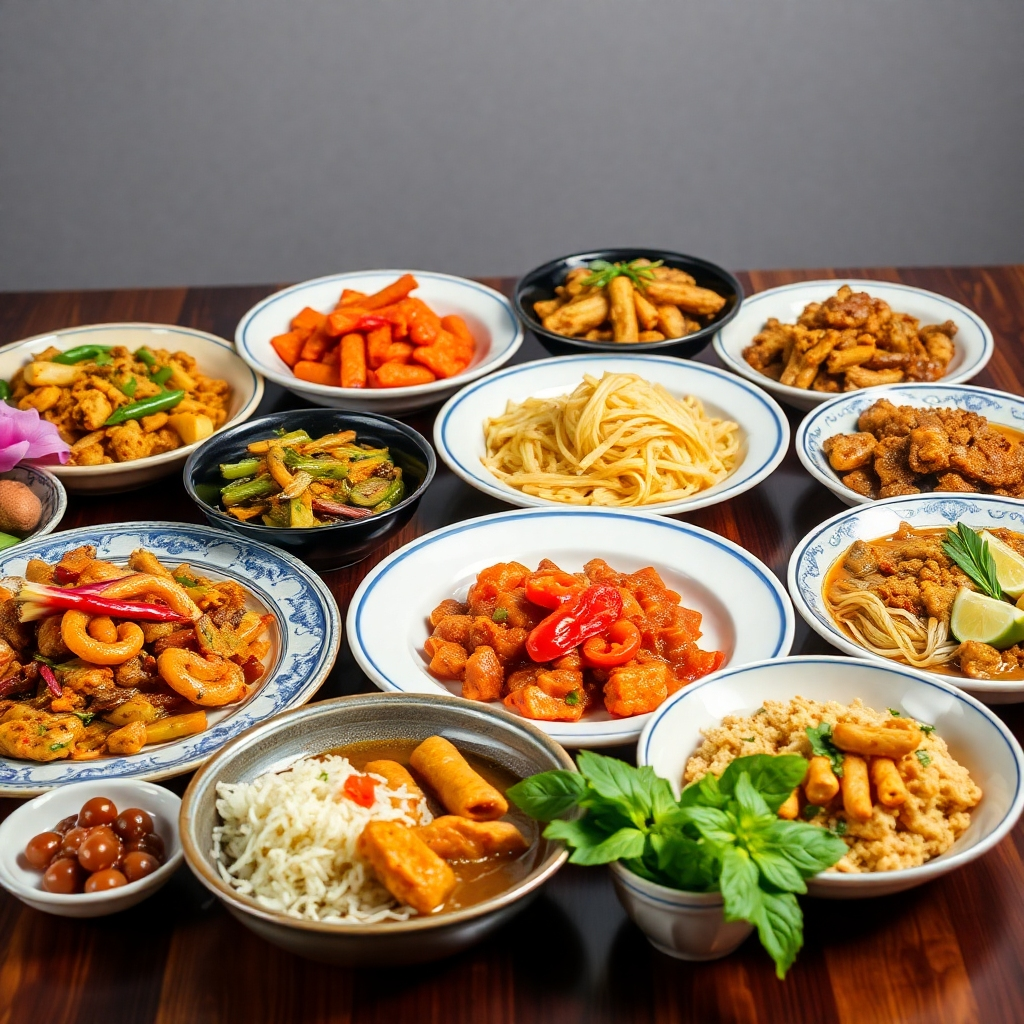A photorealistic image showing a table laden with different regional Thai dishes, each visually distinct and representing a different region. The composition should emphasize the variety and visual appeal of each dish.