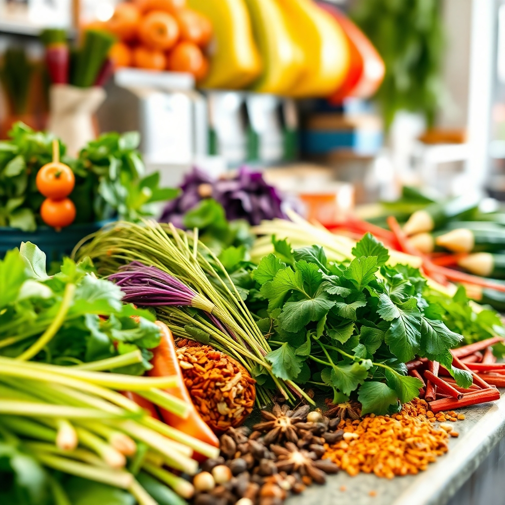 A photorealistic image with a close-up, detailed view of fresh Thai ingredients, such as herbs, vegetables, and spices, showcasing their vibrant colors and textures. The setting should be a bright, fresh market or a well-organized kitchen counter.