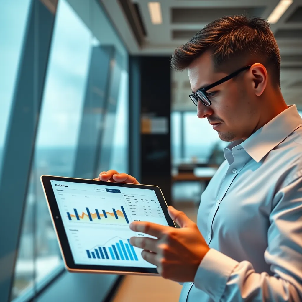 A professional businessperson analyzing a website analytics report on a tablet, with charts and graphs displaying website traffic, user engagement, and conversion rates. The background should be a modern and sleek office environment with a panoramic city view.