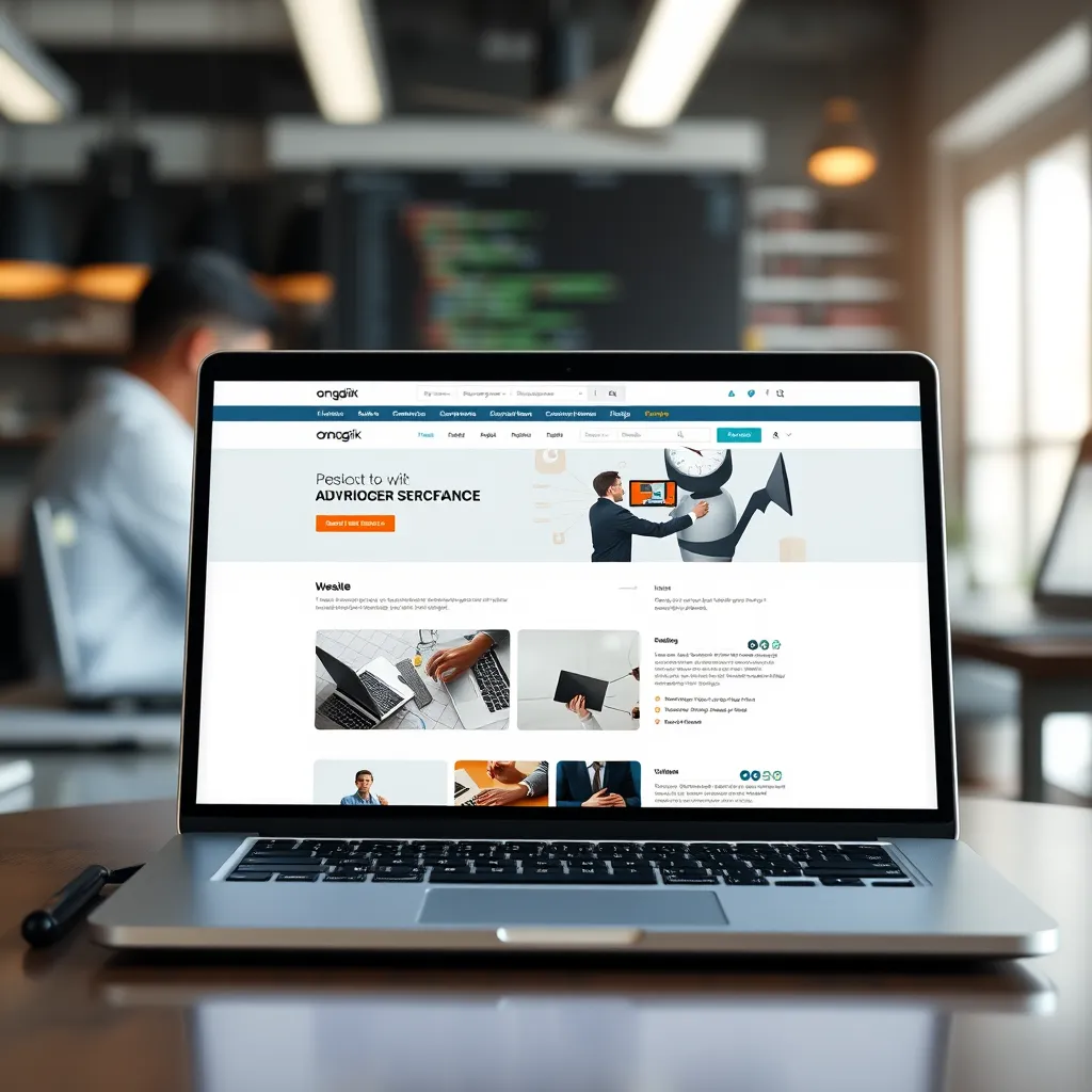  A professional image of a website interface on a sleek, modern laptop screen. The website design is clean, user-friendly, and visually appealing, with high-quality images and intuitive navigation. In the background, a blurred image of a developer working on code suggests the meticulous craftsmanship behind the website.
