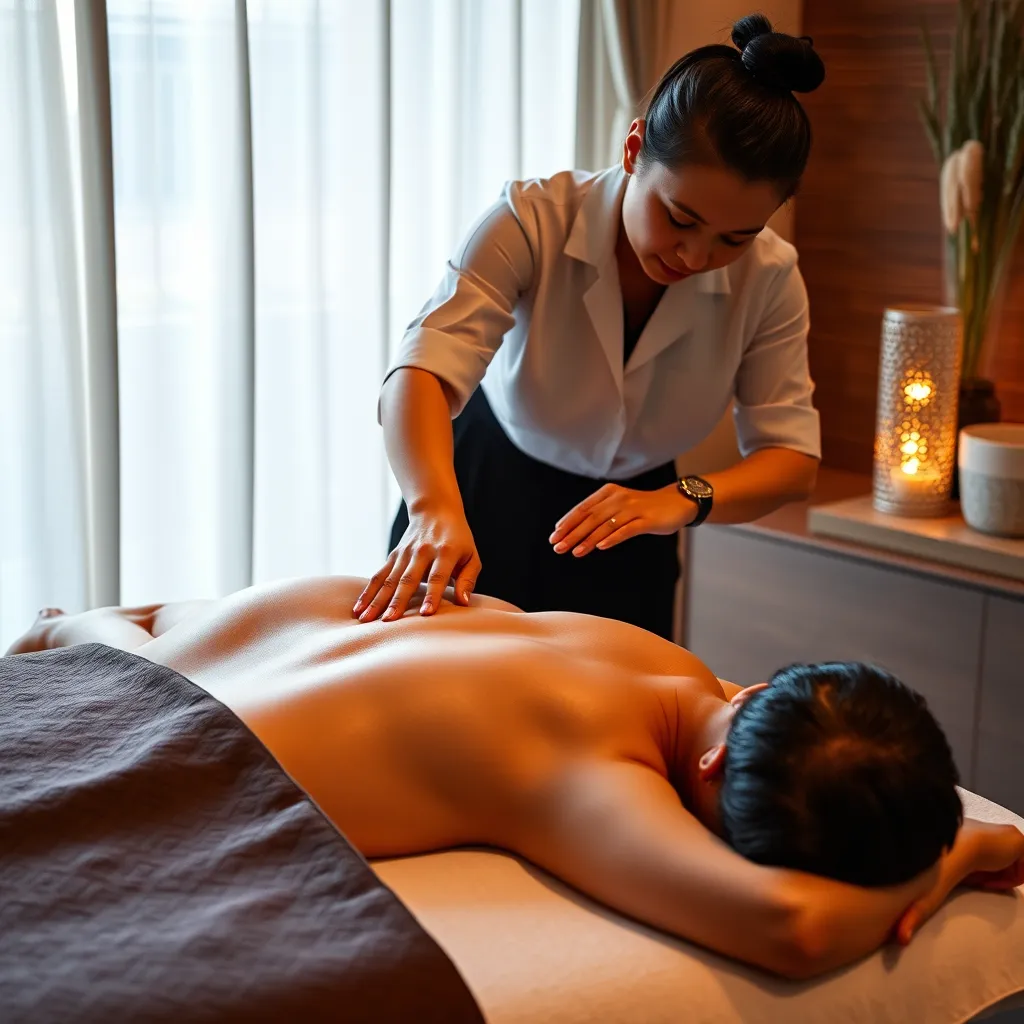 A professional Thai masseuse applying pressure points on a client's back. The client is lying on a massage table in a spa setting. The image should emphasize the skillful technique and the client's relaxed expression.