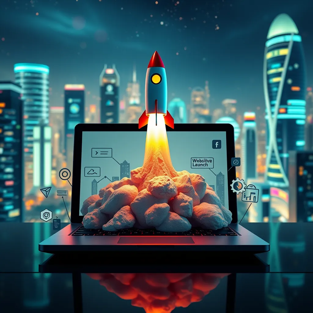 A rocket taking off from a laptop screen, symbolizing a website launch. The laptop is surrounded by various website design elements, such as icons, text, and images. The background is a vibrant cityscape with a futuristic aesthetic, representing the potential for online growth and success.