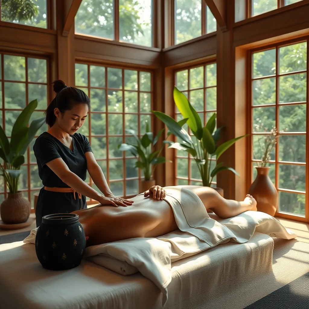 A serene scene of a person receiving a traditional Thai massage in a spa-like setting. The therapist is using their hands to apply pressure to the body, focusing on stretching and acupressure points. Natural light streams through large windows, creating a calming atmosphere. The room is decorated in a minimalist style with wooden accents and lush greenery.