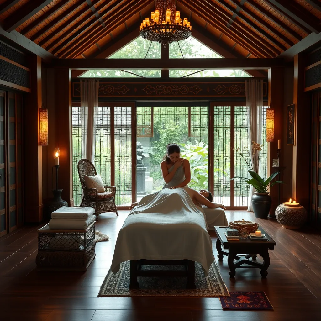 A serene spa setting in a traditional Thai house with a woman receiving a traditional Thai massage from a skilled masseuse. The room should have wooden floors, soft lighting, and beautiful Thai decorations. The focus should be on the massage experience and the serene atmosphere.