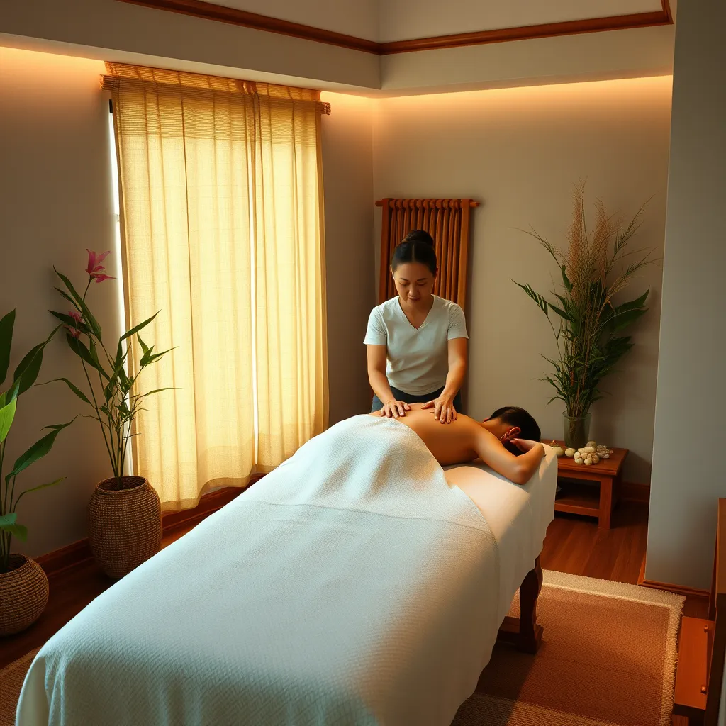 A serene spa setting with a therapist performing a traditional Thai massage on a client lying on a massage table, using flowing movements and gentle pressure.  The room is decorated in a calming, traditional Thai style with soft lighting and natural elements like bamboo and flowers.