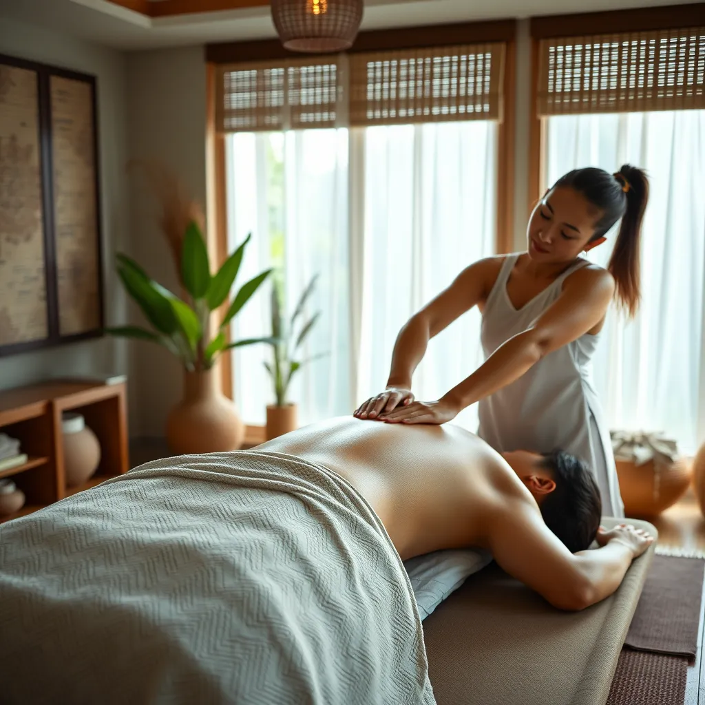 A serene spa setting with a therapist performing a traditional Thai massage on a client. The room should be decorated with Thai elements and natural light, showcasing a sense of tranquility. Focus on the therapist's hands applying pressure to the client's body.