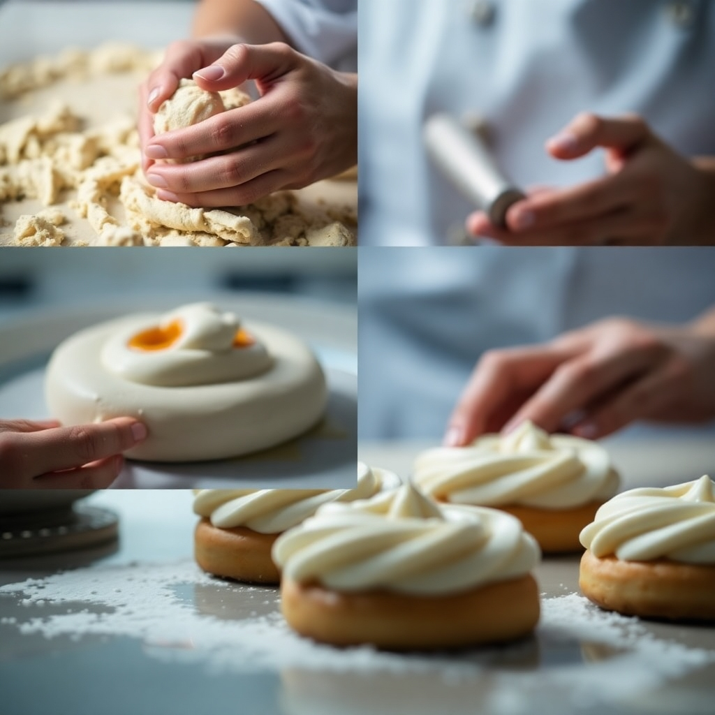 A series of close-up shots highlighting the high-quality ingredients and the meticulous craftsmanship involved in making the bakery's products. This could include shots of the hands of the baker kneading dough, preparing fillings, or carefully decorating finished products. The lighting should be bright and crisp, showing the details and textures of the ingredients and the baking process. The overall mood should be one of precision and care.