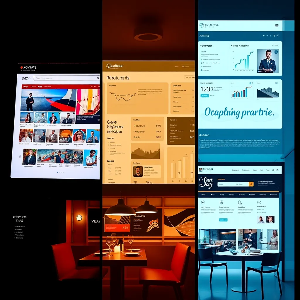  A series of three panels showcasing different types of websites: an e-commerce website with product listings and a shopping cart, a SaaS application with dashboards and analytics, and a restaurant website with menus, reservations, and online ordering. The panels should be visually distinct and represent the variety of specialized website development services offered.