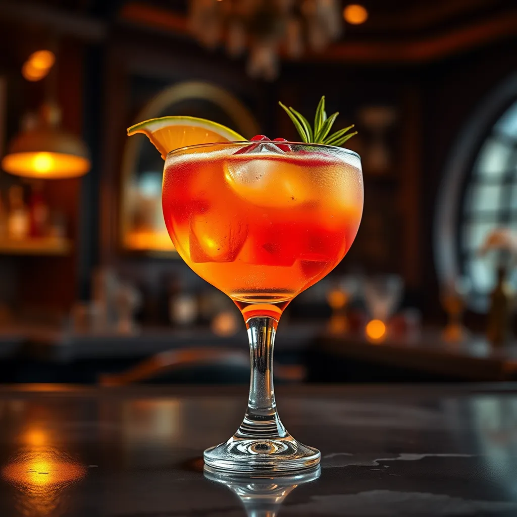 A single, close-up shot of a beautifully crafted cocktail in a vintage coupe glass. The cocktail is a vibrant mix of colors, with layers of different liquids and garnishes. The glass is frosted on the outside, and the drink is illuminated with a soft, warm light. The background is a blurred image of a stylish bar with a warm, inviting atmosphere. The composition focuses on the glass and the details of the cocktail. The image should evoke a sense of luxury, sophistication, and indulgence. Render in 8K resolution, capturing the textures of the glass, the ice, and the garnishes. The colors should be vivid and appealing, with a soft, dreamy feel.
