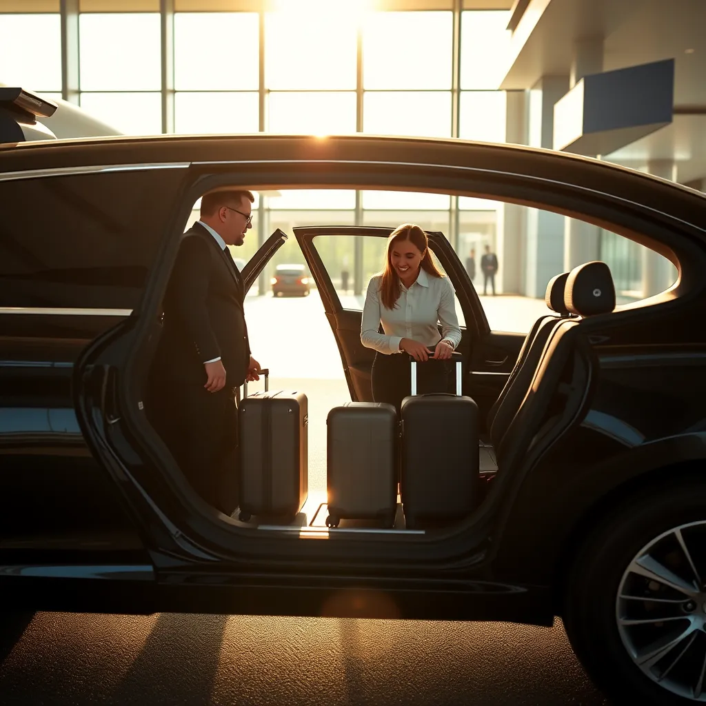 A sleek black sedan pulls up to the arrival terminal at Suvarnabhumi Airport in Bangkok.  The driver, dressed in a professional uniform, steps out to greet a smiling couple who have just arrived from their flight.  The luggage is swiftly loaded into the trunk.  Capture the moment of arrival, with the airport terminal in the background and the bright sunshine reflecting off the car.  Use soft lighting to create a sense of welcoming comfort and efficiency.  The image should have a sharp focus on the car and the passengers, with the airport terminal fading into a soft blur in the background.  Rendered in high resolution with a realistic, photorealistic style, emphasizing the clean lines and luxurious interior of the vehicle.